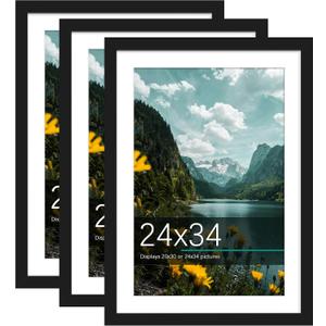Picrit 24x34 Picture Frame 3 Pack, Black Poster Frame, Display Poster 20 x 30 with Mat or 24 x 34 without Mat for Horizontal or Vertical Wall Mounting