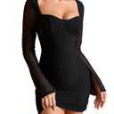 XinFSh Sexy Bodycon Long Sleeve Mini Dress Backless Mesh Sweetheart Neckline Short Cocktail Party Going Out Dresses Black (XL)