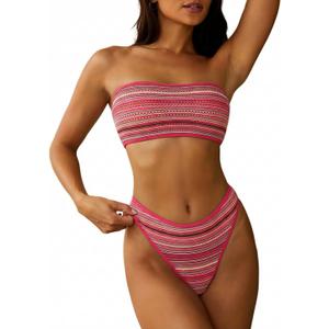 ZAFUL Women Strapless Textured Bandeau Bikini 2 Piece Swimwear Cheeky Solid Lace up Bathing Suits (Medium, Rose Red)