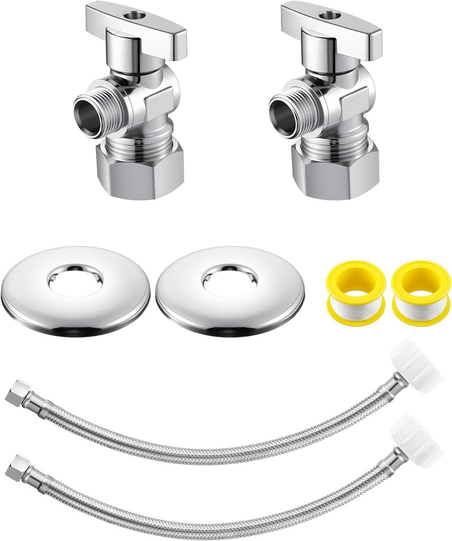2 Pack Complete Toilet Valve Kit, Includes 1/2'' Nom Inlet x 3/8'' OD Compression Outlet Angle Shut Off, 3/8" COMP x 7/8" BC Toilet Water Supply Line, Escutcheon Plate, Sealing Tape (12 Inch)