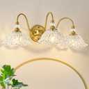 Gold Bathroom Vanity Light, 3-Light Brushed Gold Finish Vanity Light with Floral Clear Glass Shades, Retro Wall Mount Lighting for Bathroom, Dressing Table