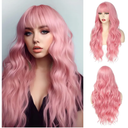 Pink Wig With Bangs Long Wavy Wigs for Women 26 Inch Curly Wavy Wig With Bangs Natural Looking Synthetic Heat Resistant Fiber Wig for Daily Party Use