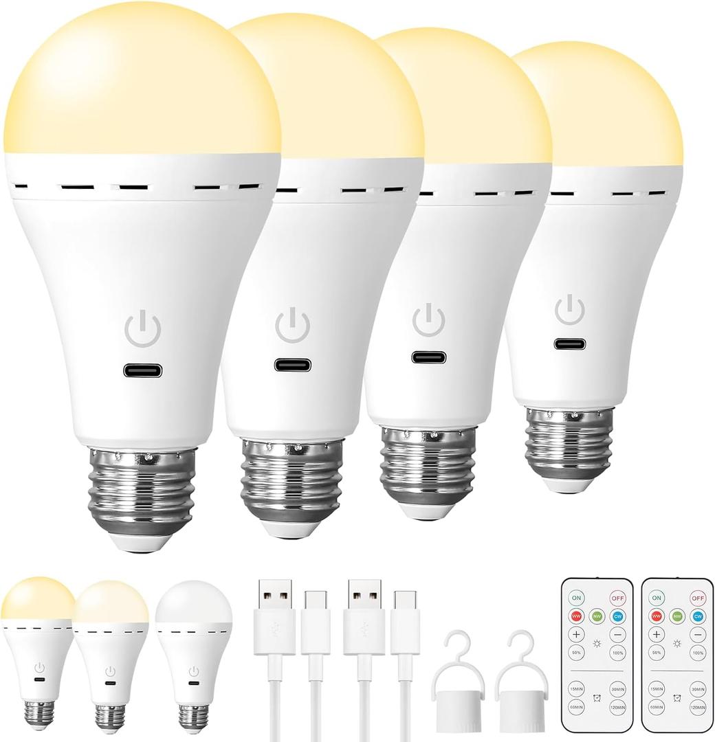 4Packs Magic Rechargeable Light Bulbs with Remote Control, E26 Cordless Battery Operated Light Bulb for Lamps, Wireless No Electricity Smart Battery Powered LED Bulb, 2200mAh/Dimmable/Timer (4pcs)