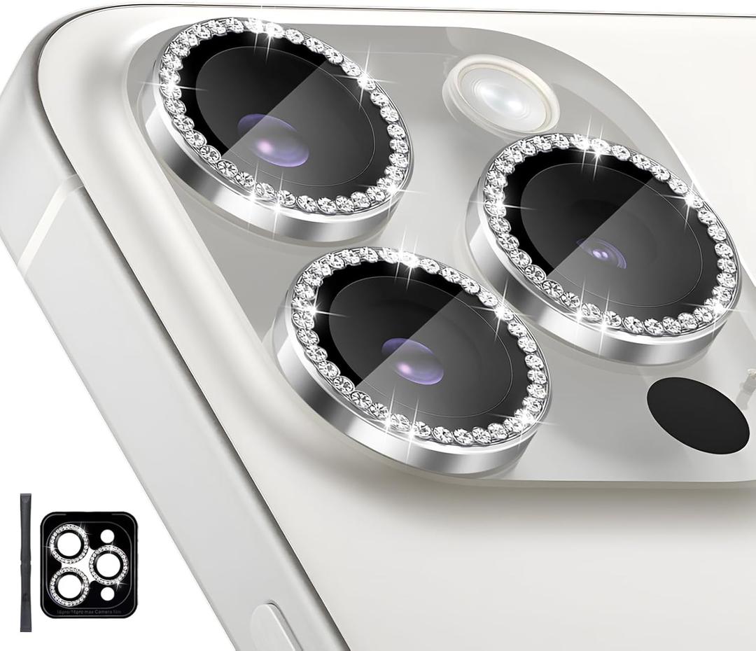 Camera Lens Protector for iPhone 16 Pro/iPhone 16 Pro Max, Individual Tempered Glass Camera Ring Lens Protector with Installation Tray Fit for iPhone 16 Pro/16 Pro Max Diamond Silver