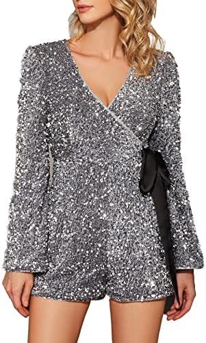 EXTRO&VERT Sequin Romper for Women Sparkly One Piece Jumpsuit Long Sleeve Disco Party Outfit. XXL