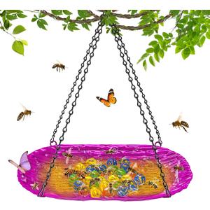 Bee Feeder Watering Station for Garden, Flower Bee Bath for Outside with Glass Balls, Butterfly Bath Bowl for Outdoor Courtyard Decoration (Rose Red)