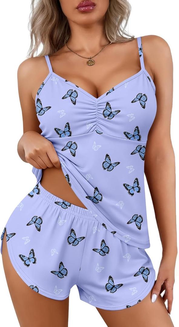 Ekouaer Women Pajamas Set Cami Shorts Set Soft V Neck Sleepwear Sleeveless Lingerie Pjs Set S-XXL (Blue Butterfly)