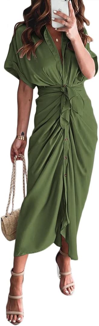 Women Elegant Satin Button Down Short Sleeve Maxi Shirt Dress with Belt (Small, 01-army Green)