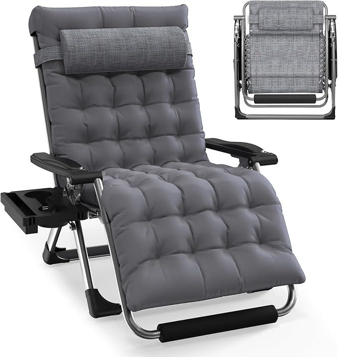 Slendor Oversized Zero Gravity Chairs XXL, 33IN Padded Zero Gravity Lounge Chair, Folding Reclining Patio Chair Lawn Recliner w/Aluminum Alloy Lock, Headrest, Cup Holder, Support 500lbs, Fossil Grey