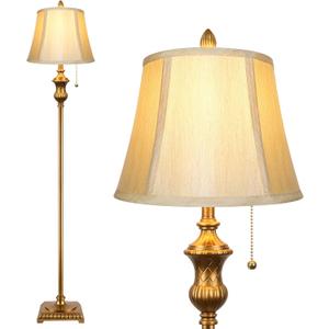 Gold Vintage Floor Lamp for Living Room, Traditional Mid-century Floor Lamp with Elegant Silk Fabric Lampshade, 64inch Tall Standing Lamp Bedroom LED Pole Lamp, Retro Stand Up Lamp for Home Office