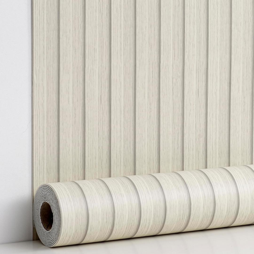 Haimin Wood Grain Slat Wall Panels Peel and Stick Faux Wood Thick Wallpaper 118"x15.75" Waterproof PET & IXPE Foam Paneling (Beige)