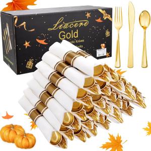 Liacere 100Pack Pre Rolled Gold Silverware and Napkin-Disposable Gold Plastic Utensils-Wrapped Plastic Cutlery Set with Napkin:100 Forks,100 Knives,100 Spoons,100 Napkins for Wedding & Thanksgiving