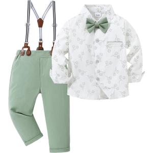 ZOEREA Toddler Baby Boy Suit Clothes Gentleman Wedding Outfits Long Sleeves Dress Shirt + Suspender Pants + Bowtie Green 7-8Y