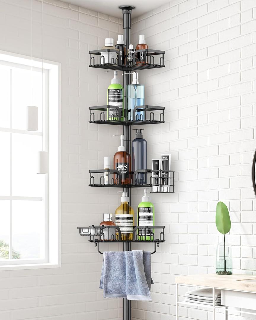 Corner Shower Caddy Tension Pole, 4-Tier Rustproof Bathroom Organizer Storage for Inside Shower Bathtub Shampoo,39 to 113 Inch Adjustable Floor Standing Shelves Black