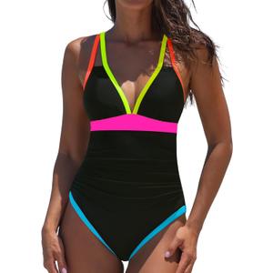 popvil Women's One Piece 2025 Tummy Control Swimsuits Neon Color Block Swimwear Deep V Neck Slimming Bathing Suit (Black, XL)