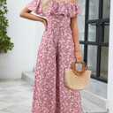 Gardenwed Women's Floral Wide Leg Jumpsuit, Ruffle Short Sleeve Square Neck Summer Casual Palazzo Romper with Pockets (S)