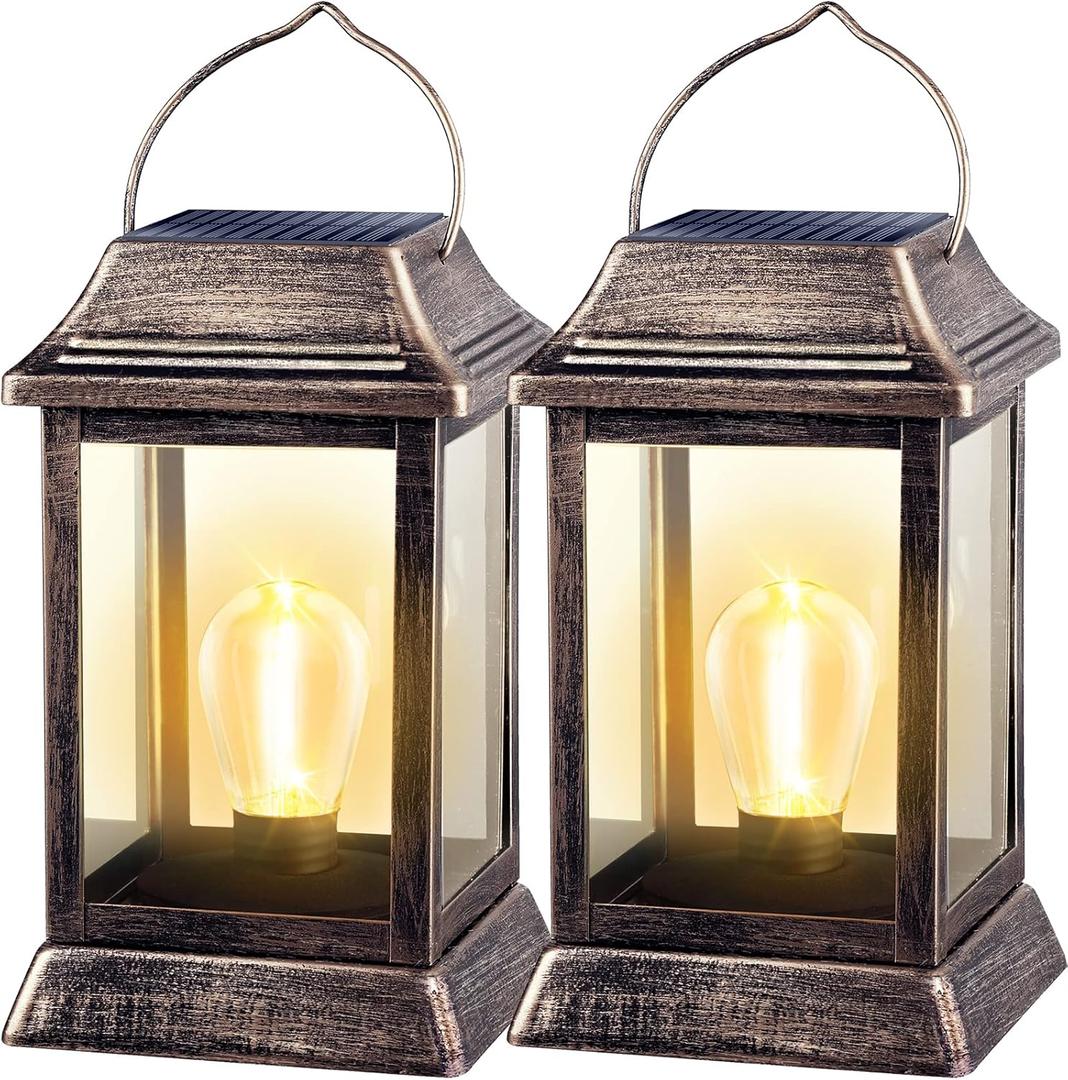 UBright Metal Solar Lantern Lights Outdoor Waterproof Hanging Solar Lights for Outside Garden Lights for Patio Yard LED Bulb 2 Pack
