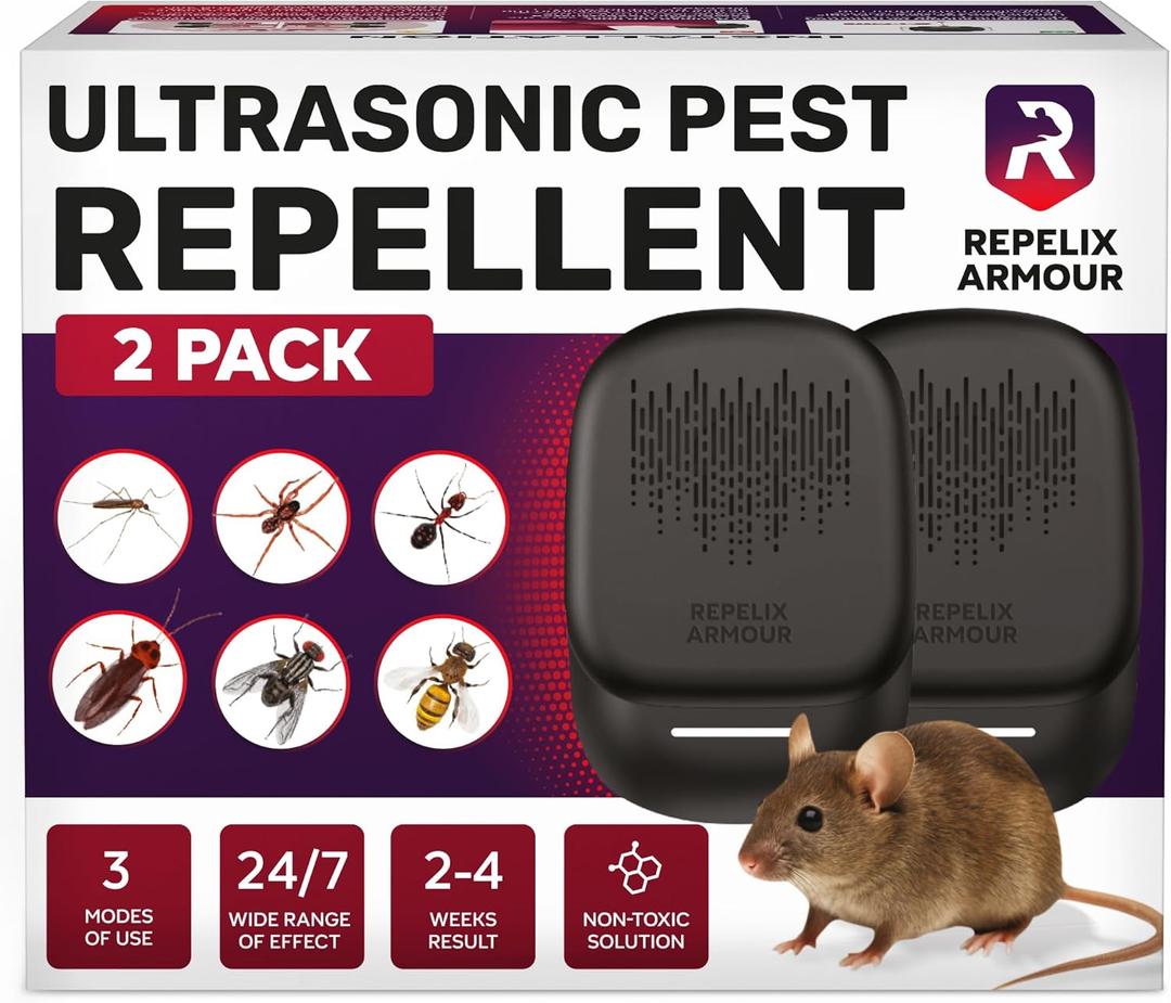 Ultrasonic Pest Repeller for Indoor Use - 2 Pack - Covers Up to 1,500 sq ft per Device - 3 Modes Mouse Repellent - Rodent Repellent – Helps Repel Rats, Spiders, Mosquitoes, Ants & Household Insecs