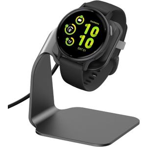 EZCO Charger Dock Compatible with Garmin Vivoactive 5 4 4S 3/3 Music/Venu Sq/Venu/Venu 3S 3 2S 2, Premium Aluminm Charging Cable Stand Base Station USB Date Syn for Fenix 7 7S 7X 6 5 Smartwatch (Black)