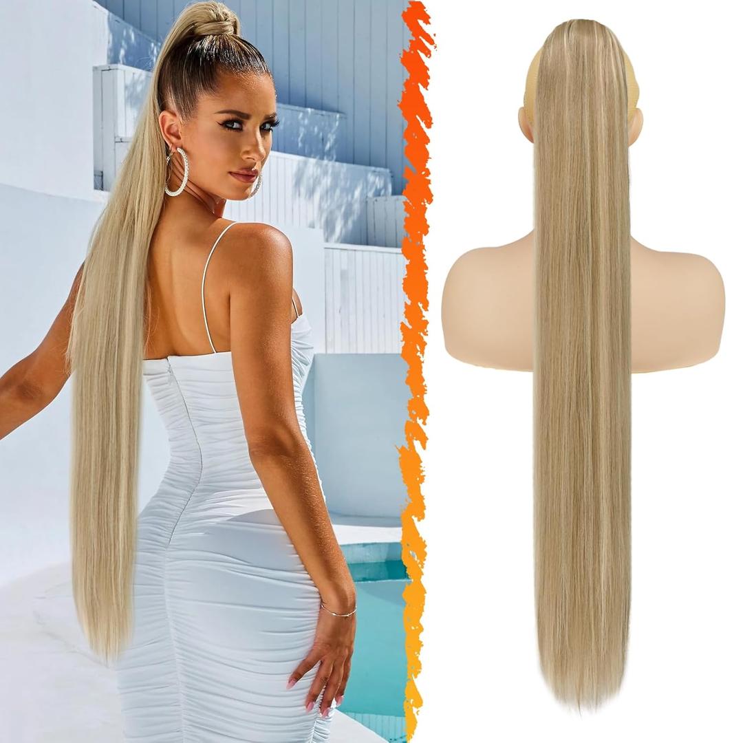 BARSDAR Drawstring Ponytail Extension - 34 Inch Long Straight Blonde Ponytail Hair Extensions Synthetic Fake Pony Tails Hairpieces Clip in Ponytail for Women Girls Daily- Light Ash Blonde Mixed