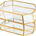 Vellon Gold and Clear Jewelry Trinket Box, Glass Decorative Box, Chic Design Storage for Cosmetic/Bracelet/Necklace/Ring, Idea Gift, Including 26 Glass Panels and 112 Golden Metal Line