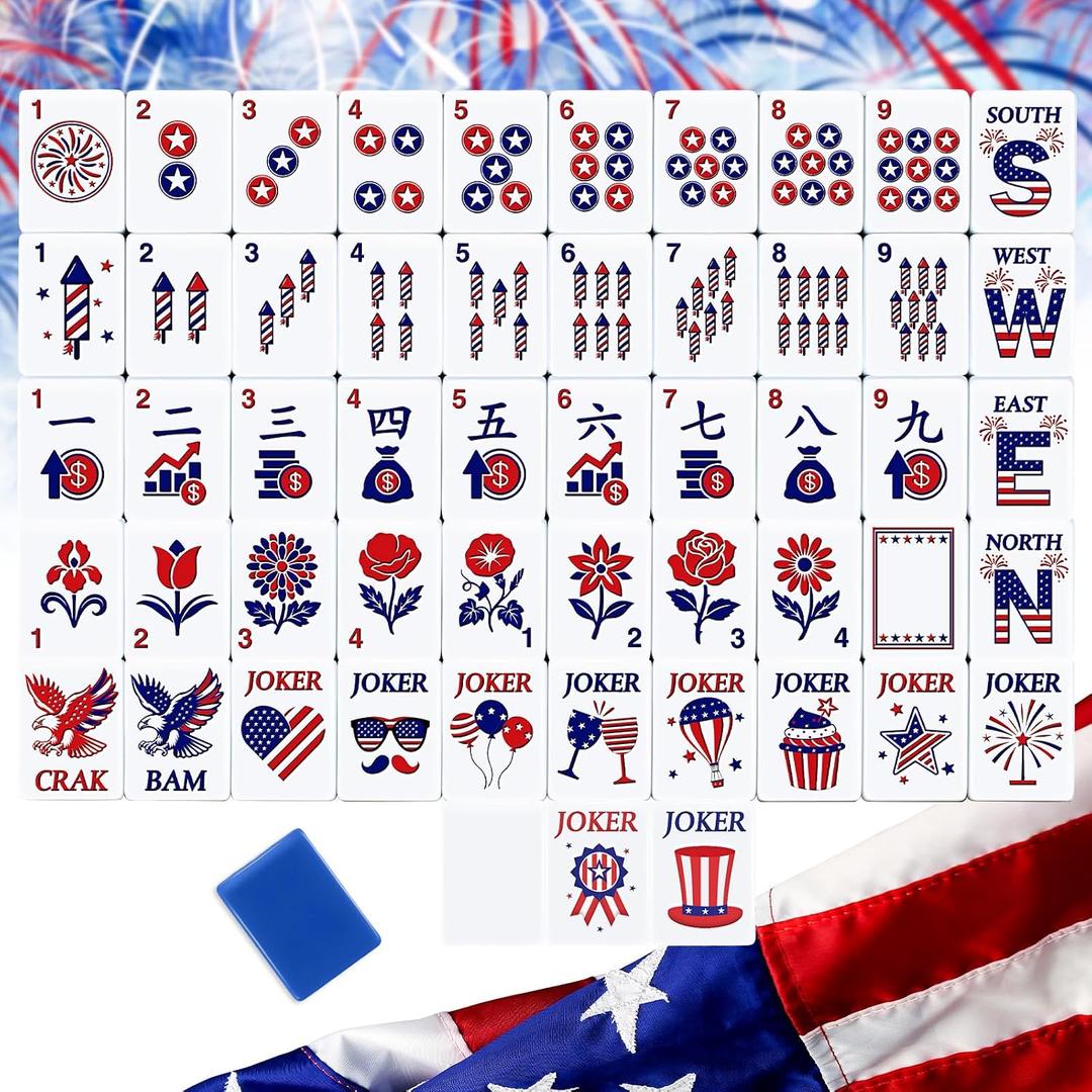 Arrowbash 166 Pcs American Mahjong Tiles Set 1.2 Inch Mah Jong Game Pieces with USA Theme Engraved Patterns Melamine Hand-Carved Tiles for Adults, Collectors & Tabletop Games