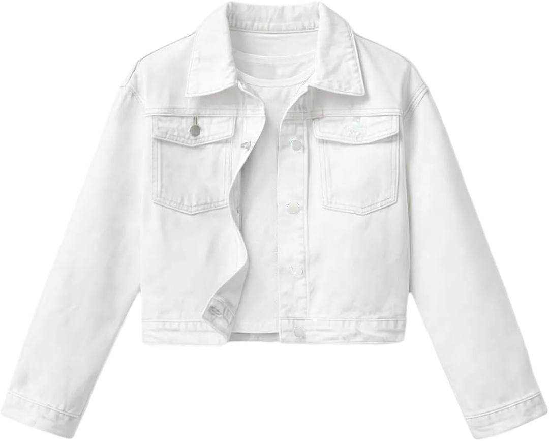 BEAUDRM Girl's Denim Jacket Button Down Long Sleeve Jean Outerwear Coat Streetwear White 11Y