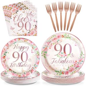 96 Pcs 90th Birthday Party Decorations for Women Rose Gold Floral 90th Birthday Plates and Napkins Tableware Sets 90 and Fabulous Party Supplies for 90 Years Old Birthday Party Favors Serves 24