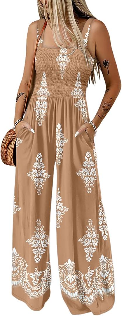 CHICME Women's Casual Loose Overalls Jumpsuits Floral One Piece Square Neck Shirred Pants with Pockets (XXL)