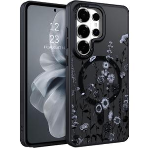 DOMAVER for Samsung Galaxy S26 Ultra Case, Magnetic Phone Case for Samsung S26 Ultra [Compatible with MagSafe] Slim Fit Flowers Floral Design Shockproof Protective Bumper Women Girls Cover- Black