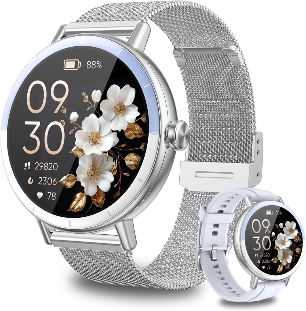 KEEPONFIT Smart Watches for Women Android/iPhone, IP68 Waterproof Fitness Tracker with Bluetooth Calls(Answer&Make), Activity Pedometer/Heart Rate/SpO2 Monitor/100+ Sports Model (Silver Blue)