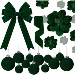 26 PCS Christmas Velvet Ornaments Decor Kit - Tree Toppers Bow, Ribbon, 12 Flocked Christmas Balls & 12 Artificial Magnolia Flowers for Green Holiday Xmas Tree Decorations (Green)