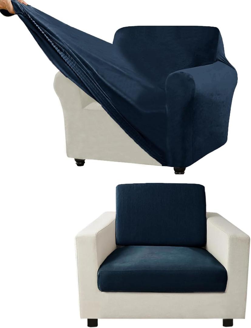 Couch Cover Velvet, Stretch Sofa Covers for Separate Main Cover/Backrests and Seat Cushions Couch Cover, for Living Room Furniture Slipcovers (Navy Blue,Small Seat 3 Piece)