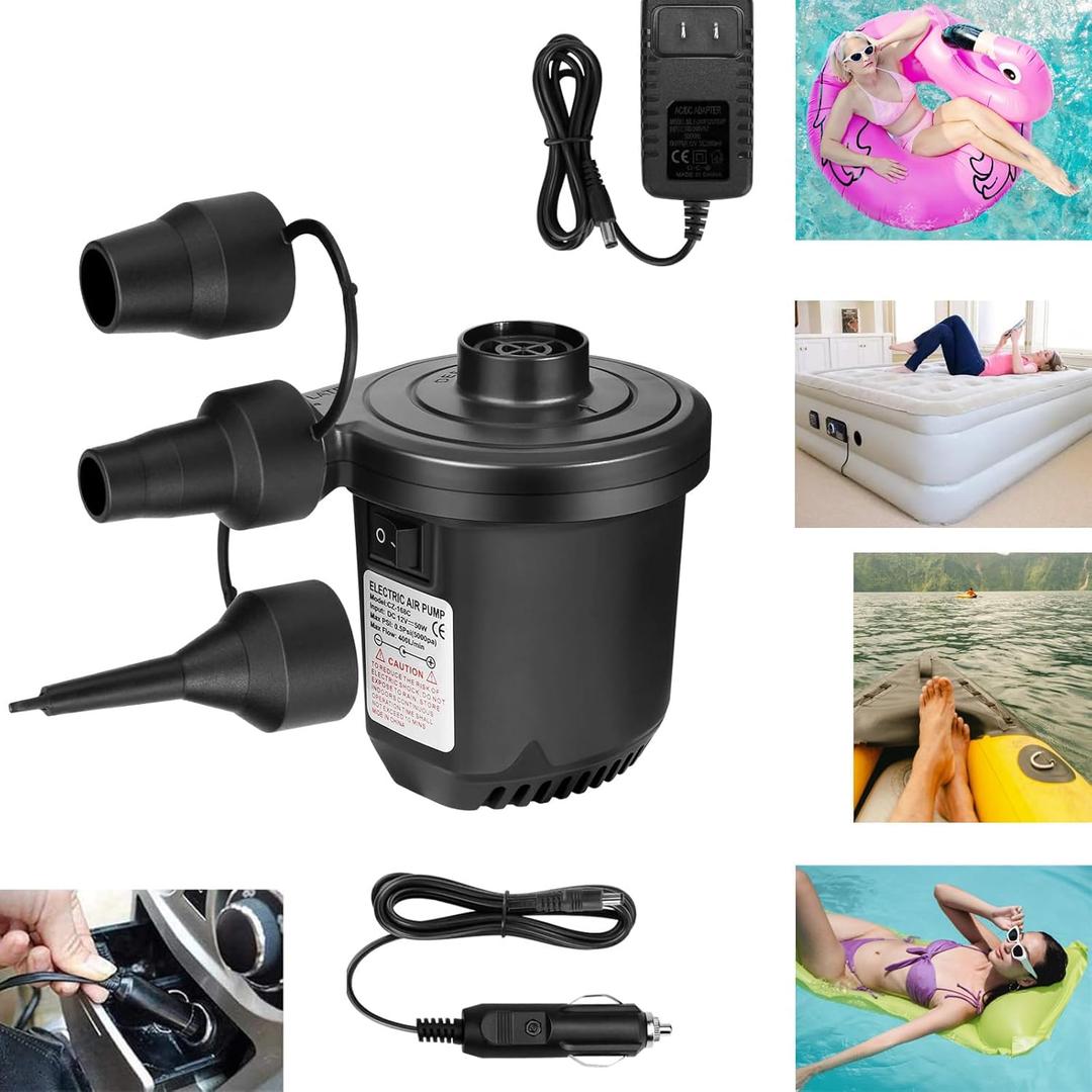 Inflatables Air Pump for Air Mattress with 3 Nozzles, Quick Fill Inflator Deflator Air Pump Perfect for Outdoor Camping Inflatable Boat Blow Up Pool Water Toy Car Air Bed Swimming Ring