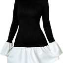 GORGLITTER Women's Long Sleeve Bubble Dress Fall Trendy Color Block Cocktail Birthday Dinner Going Out Mini Dresses (Medium, Black and White)