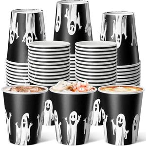 Roshtia 80 Pcs Halloween Disposable Paper Cups 8oz Ghost Drinking Black Cups for Coffee Juice Hot or Cold Drinks Cute Halloween Party Restaurant Business Supplies Decoration