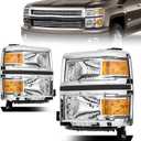 Front Headlight Assembly for 2014-2015 Chevy Silverado Pickup - Replacement Headlamp, Front Bumper Lights (Chrome-Amber)