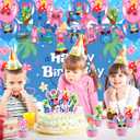 42Pcs Cartoon Themed Party Supplies Includes Banner Cake Topper Cupcake Toppers and Balloons Blackdrop for Cartoon Baby Shower Birthday Party Decorations