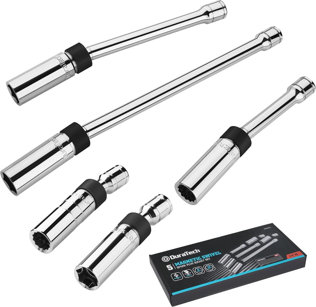 DURATECH 5PCS Swivel Magnetic Spark Plug Socket Set, 3/8" Drive Thin Wall Socket Includes 5/8" x 4", 5/8" x 8" and 5/8" x 11" 6-Point, 9/16" x 6" and 14mm x 4" 12-Point, Magnetic Core, Cr-V Steel Made