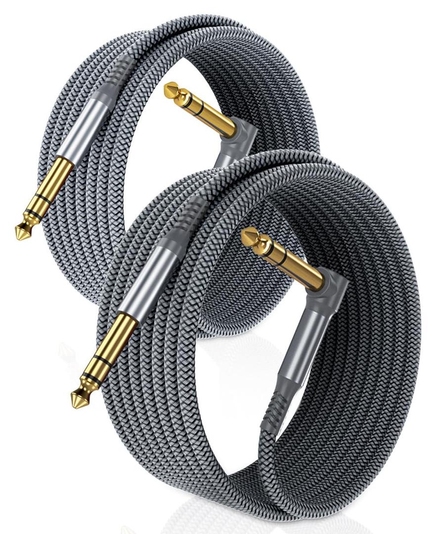 6.35mm TRS Instrument Cable 10FT 2-Pack,Right Angle 90 Degree 1/4 Inch Male Jack Stereo Audio Cord,6.35 Balanced Line Lead for Electric Guitar,Bass,Keyboard,Mixer,Amplifier/AMP,Speaker,Equalizer,FT,6 (Gray)
