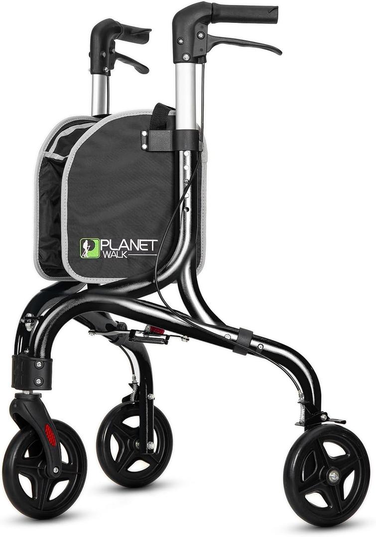 PLANETWALK Premium 3 Wheel Rollator Walker for Seniors Ultra Lightweight Foldable Aluminum Mobility Aid with Height Adjustable Handle and 8 Inch Wheels, Black