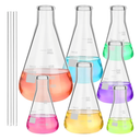 7 Pack Glass Erlenmeyer Flask Set with Glass Stirring Rod, 7 Sizes, 50ml, 100ml, 150ml, 200ml, 250ml, 300ml, 500ml, Borosilicate Erlenmeyer Flasks with Printed Graduation for Lab Chemistry