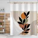 No Hook Boho Mid Century Shower Curtain with Snap in Liner Modern Minimalistic Leaves Hotel Style & Top Sheer Window Double Layers Waterproof Fabric with See Through Top Window 71x74 Inch