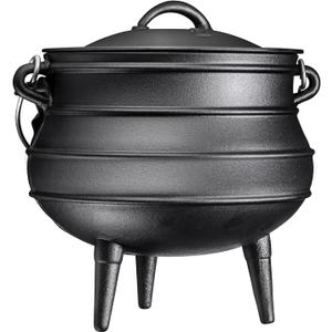 Bruntmor 12 Quart Cast Iron Dutch Oven Cauldron Pot - Camping Cookware with Lid - Pre-Seasoned Heavy-Duty Potjie for Stews, Soups, Braising, and Frying Over Fire Pit Grill or Camp Stove - Black