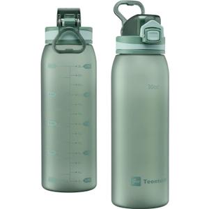 Time Marker Water Bottle 30 oz with Push Button Motivational Measurement Marker, Reusable Tritan Plastic Water Jug for Workout Sport Travel Water Tracker (Pack of 1) (Midnight Green)