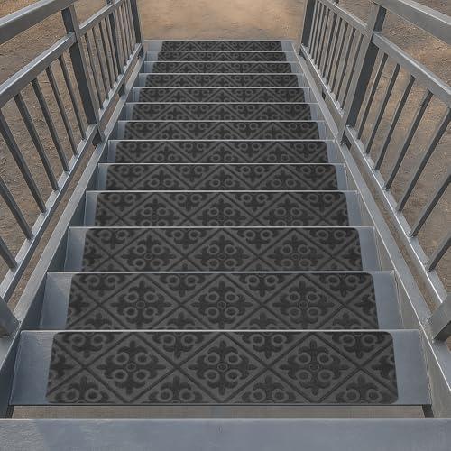 Arttown 5 Pcs 30" x 8" Grey European Embossing Outdoor Step Carpet Treads Peel and Stick for Outdoor Wooden Steps Stairs Non-Slip Self-Adhesive Carpet Stair Treads for Kids, Elderly and Pets