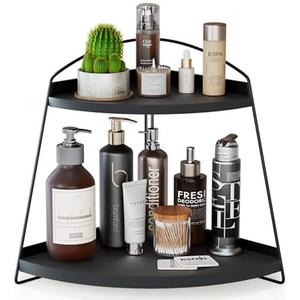 Puricon Bathroom Counter Organizer, 2 Tier Corner Countertop Storage Shelf Bathroom Sink Organizer, Wood Triangle Bathroom Organization for Skincare Kitchen Vanitity -Black