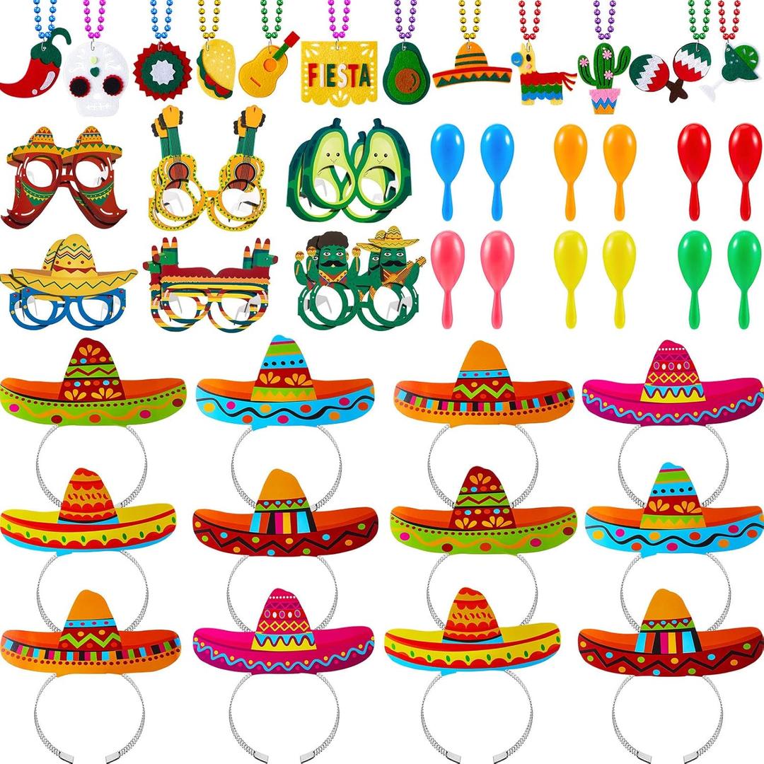 Jexine 48 Pcs Mexican Fiesta Party Supplies Including Cinco De Mayo Fiesta Sombrero Headbands Necklaces Paper Eyeglasses Plastic Maraca Mexican for Cinco De Mayo Party