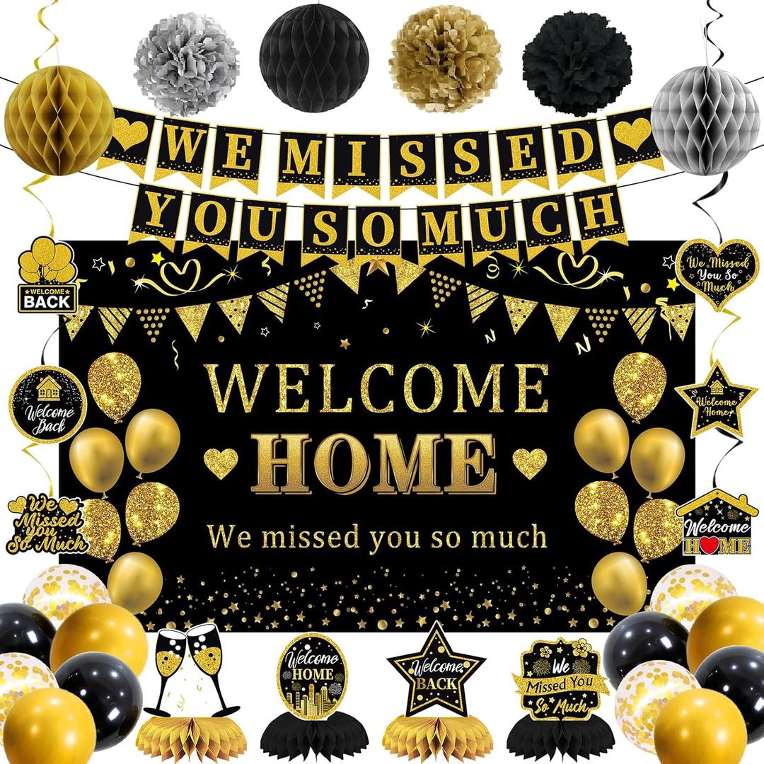 Trgowaul Welcome Home Decorations, 34PCS Black Gold Welcome Home Party Supplies, Welcome Home Banner Backdrop, Hanging Swirl, Pompoms, We Missed You So Much Family Reunion Party Decor Set
