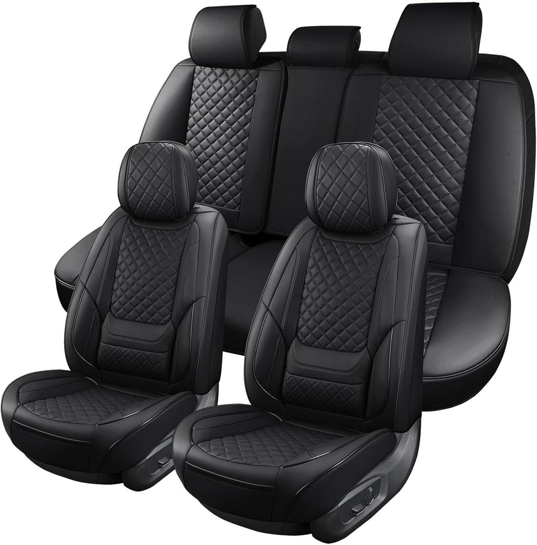 Black Leather Car Seat Covers Full Set Breathable Seat Protectors Waterproof Automotive Seat Covers Universal Fit for Most Cars SUVs Trucks Vehicles (Front and Rear, BALCK4)